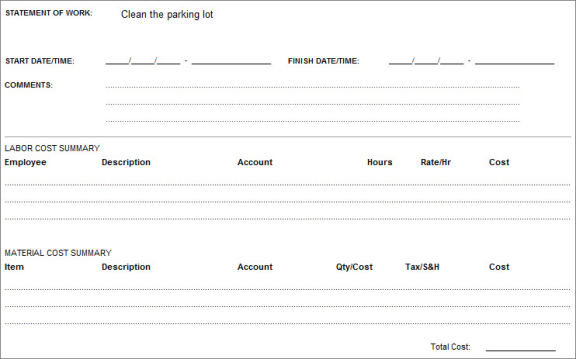 The bottom portion of a printed work order displaying fields where you can enter information about the work as it is being completed